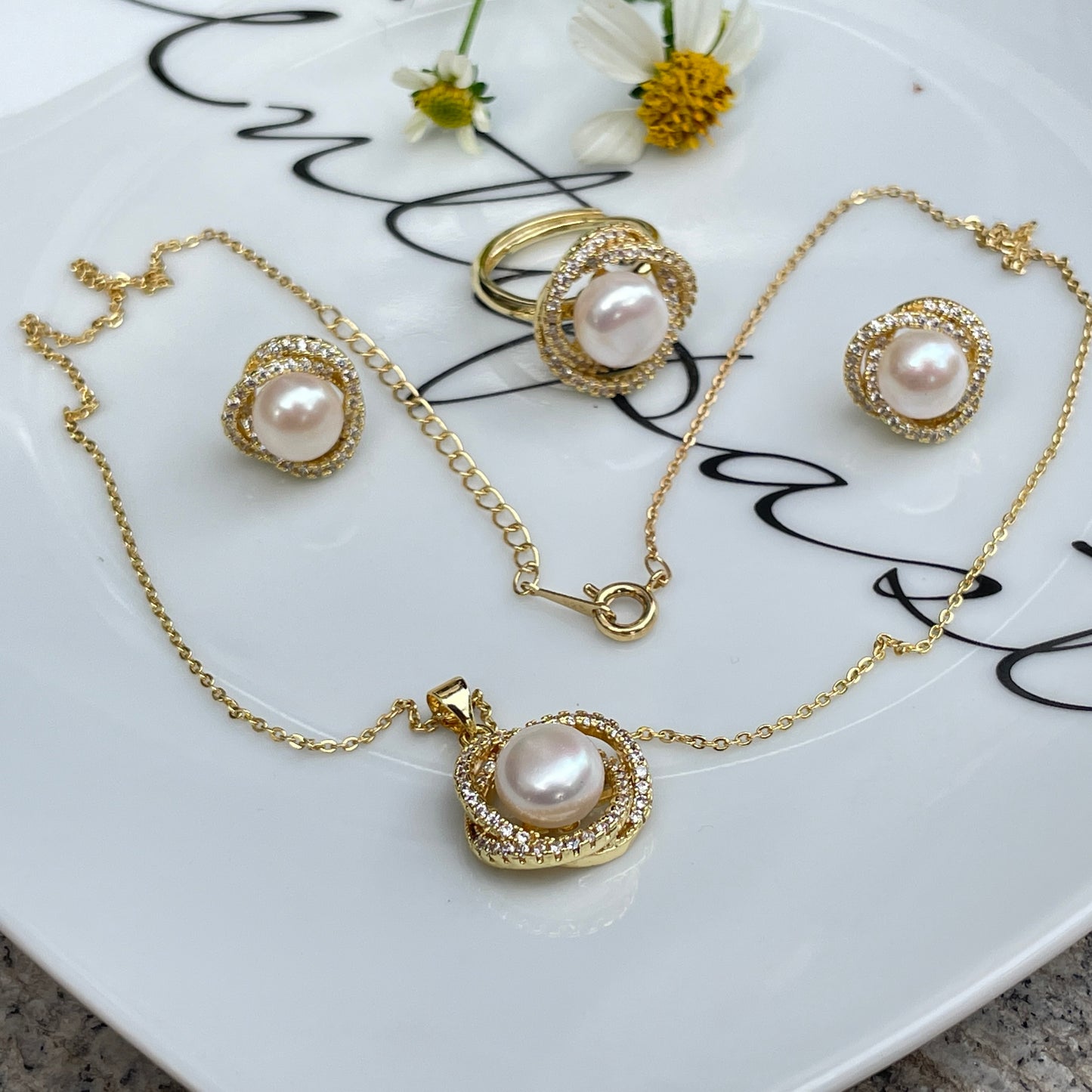 Pearls Necklace Earrings Set pearl rings Jewelry