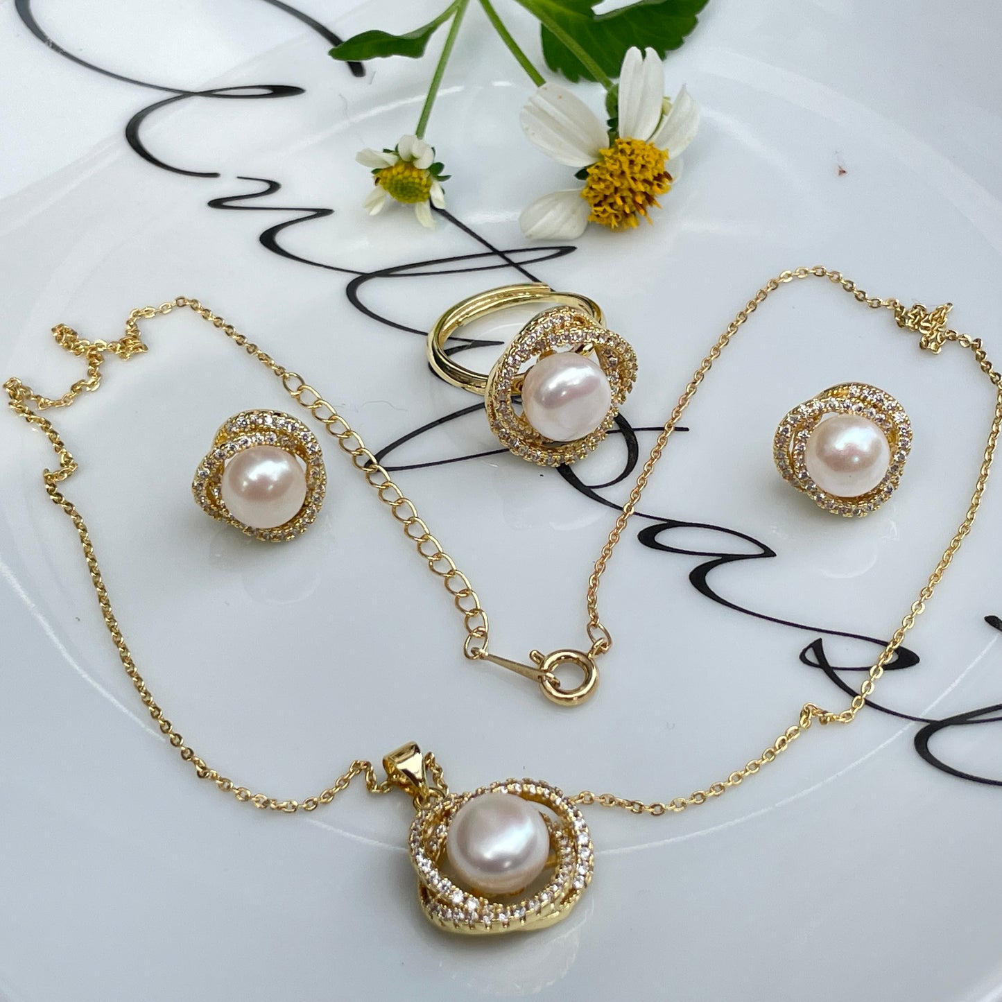 Pearls Necklace Earrings Set pearl rings Jewelry