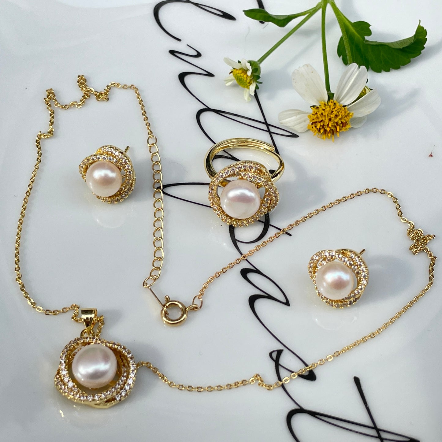 Pearls Necklace Earrings Set pearl rings Jewelry