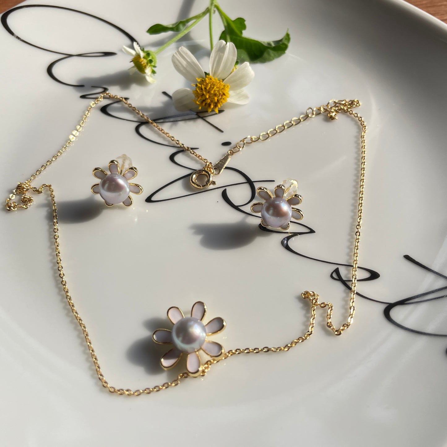 Pearls Necklace Earrings Set pearl rings Jewelry