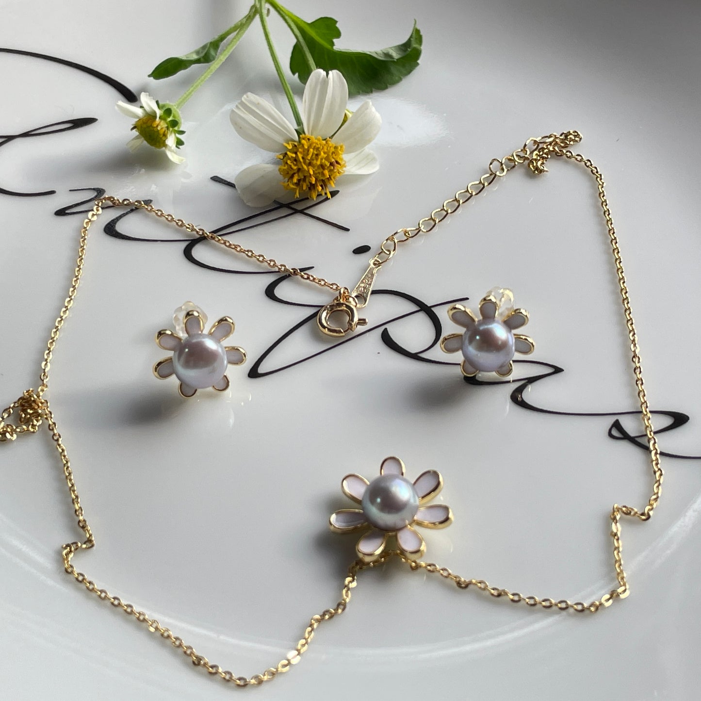 Pearls Necklace Earrings Set pearl rings Jewelry