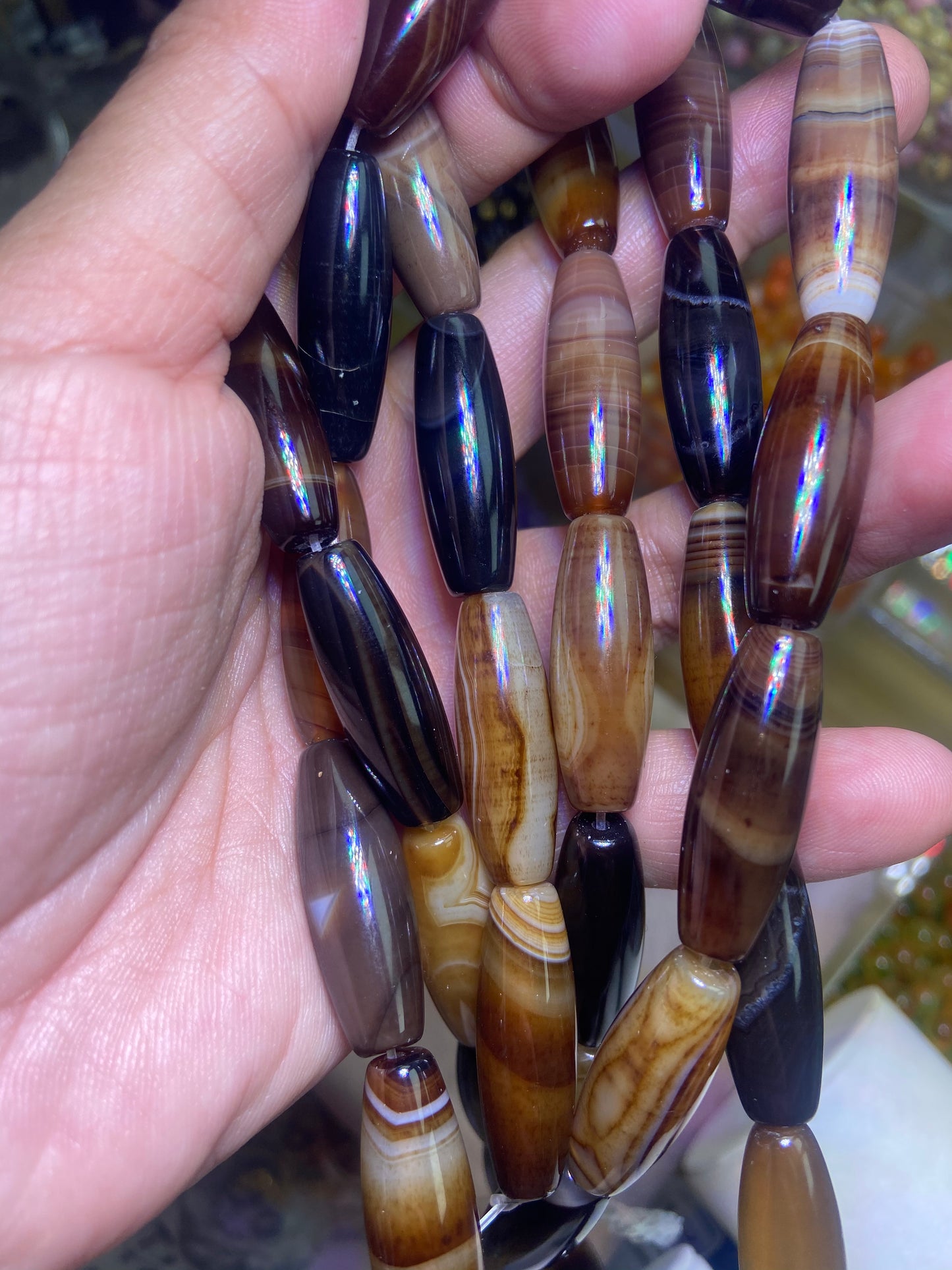 【Gold / Silver Dragon/Phoenix Agate crystal strings 12mm/ Dream lace long barrel Dzi agate